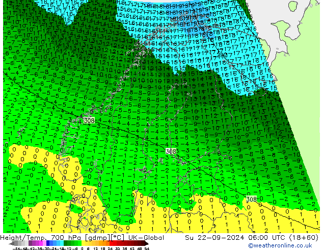 Height/Temp. 700 hPa UK-Global dom 22.09.2024 06 UTC