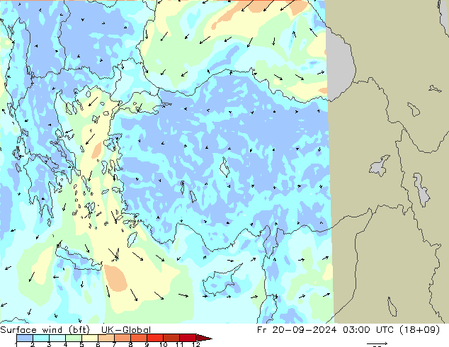 Wind 10 m (bft) UK-Global vr 20.09.2024 03 UTC