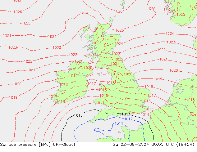 Surface pressure UK-Global Su 22.09.2024 00 UTC