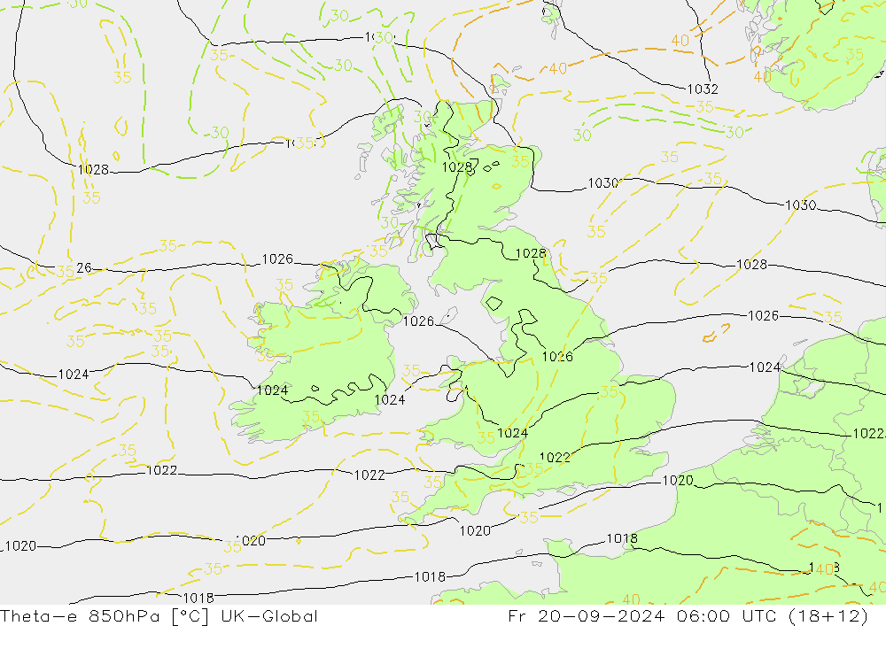 Theta-e 850hPa UK-Global ven 20.09.2024 06 UTC
