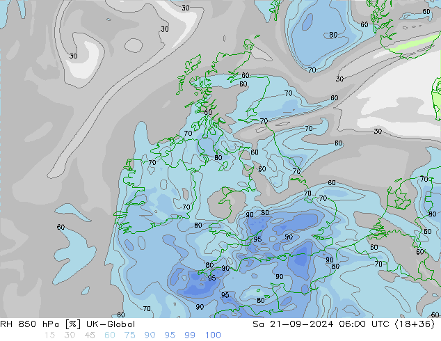 RH 850 hPa UK-Global Sa 21.09.2024 06 UTC