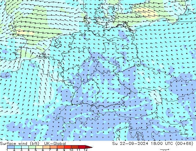 Surface wind (bft) UK-Global Su 22.09.2024 18 UTC