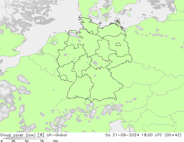 Cloud cover (low) UK-Global Sa 21.09.2024 18 UTC