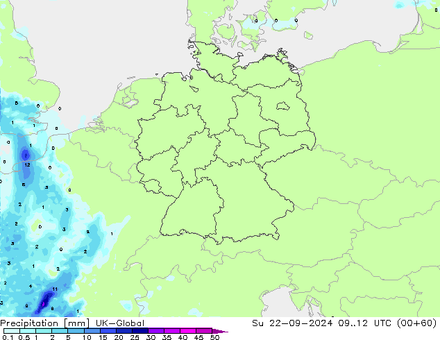 Precipitation UK-Global Su 22.09.2024 12 UTC