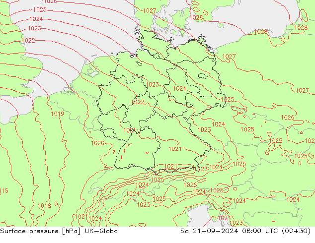 Atmosférický tlak UK-Global So 21.09.2024 06 UTC