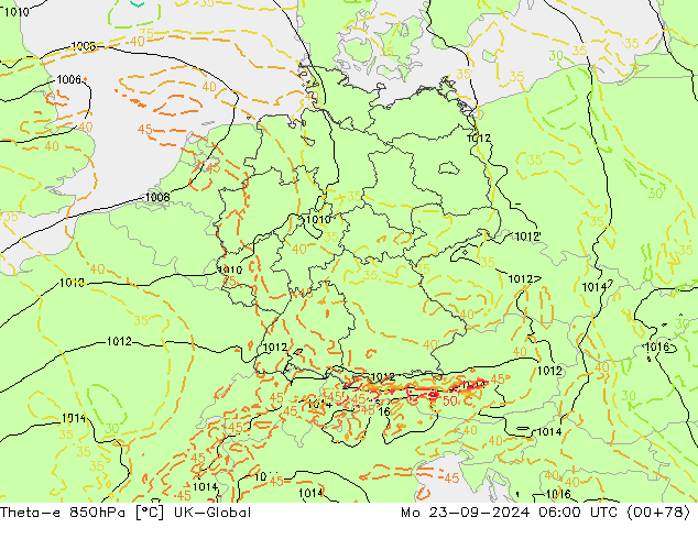 Theta-e 850hPa UK-Global Mo 23.09.2024 06 UTC