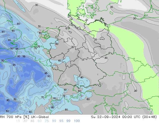 RH 700 hPa UK-Global Su 22.09.2024 00 UTC