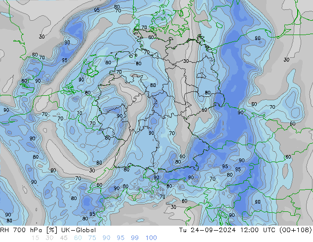 RH 700 hPa UK-Global Út 24.09.2024 12 UTC