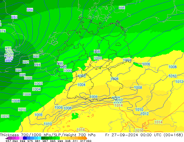 Thck 700-1000 гПа UK-Global пт 27.09.2024 00 UTC