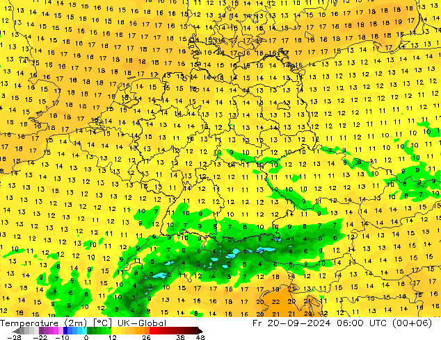 Temperature (2m) UK-Global Fr 20.09.2024 06 UTC