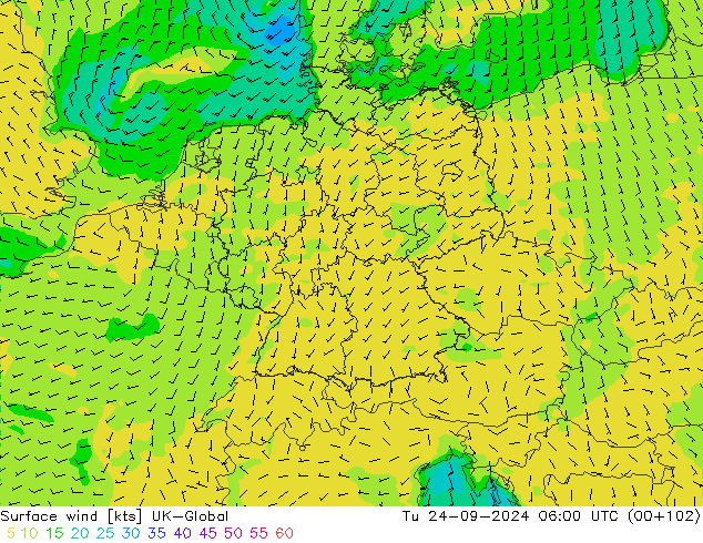 Surface wind UK-Global Tu 24.09.2024 06 UTC