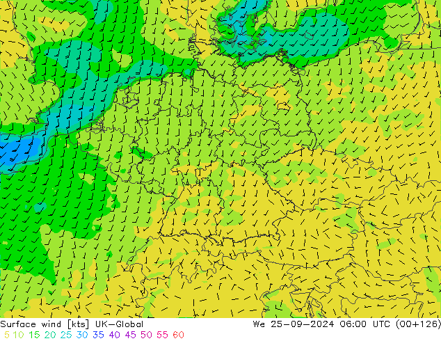 Vent 10 m UK-Global mer 25.09.2024 06 UTC