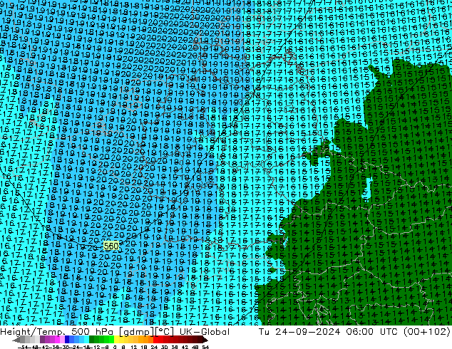 Yükseklik/Sıc. 500 hPa UK-Global Sa 24.09.2024 06 UTC