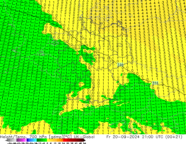 Height/Temp. 700 hPa UK-Global ven 20.09.2024 21 UTC