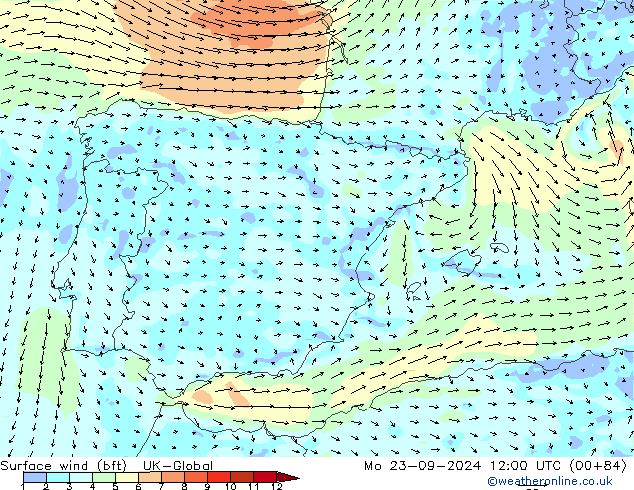 Rüzgar 10 m (bft) UK-Global Pzt 23.09.2024 12 UTC