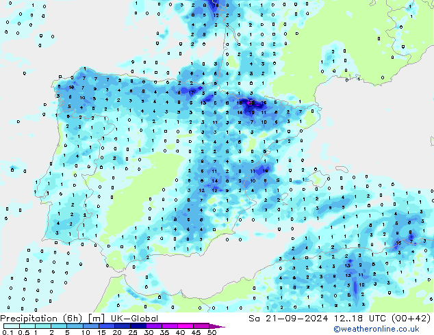 Précipitation (6h) UK-Global sam 21.09.2024 18 UTC