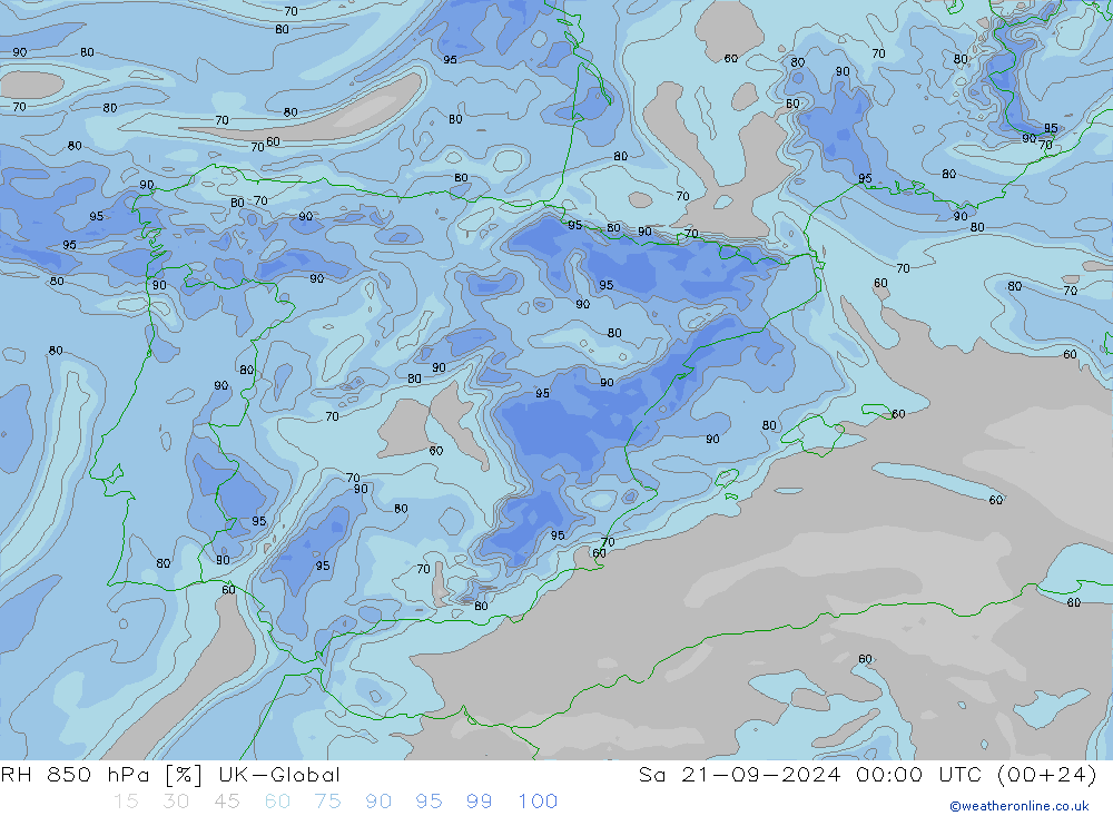 Humidité rel. 850 hPa UK-Global sam 21.09.2024 00 UTC