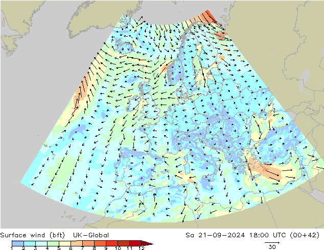 Surface wind (bft) UK-Global So 21.09.2024 18 UTC