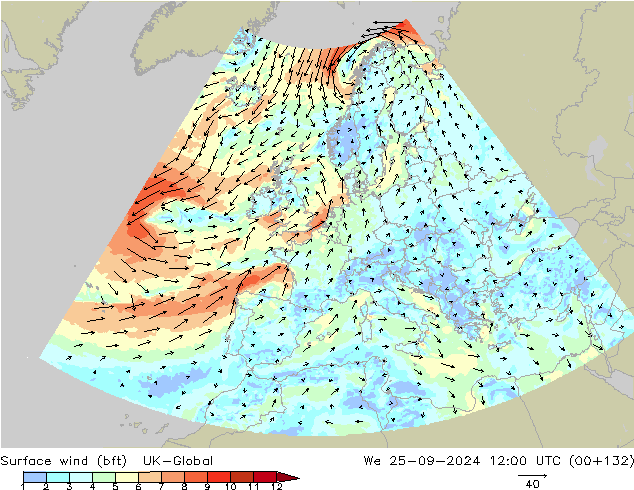 Vento 10 m (bft) UK-Global Qua 25.09.2024 12 UTC