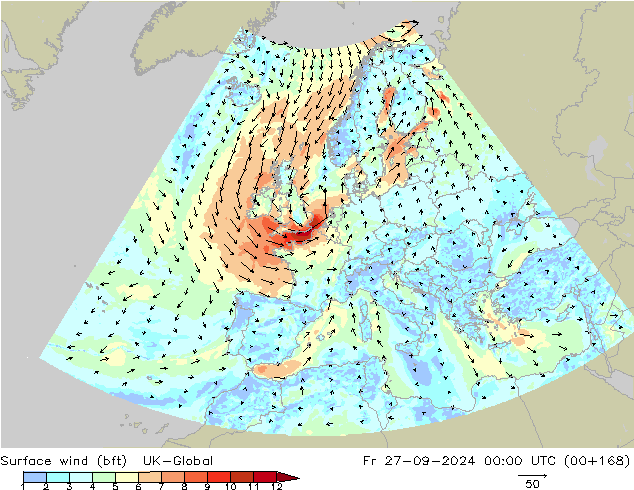 Vent 10 m (bft) UK-Global ven 27.09.2024 00 UTC