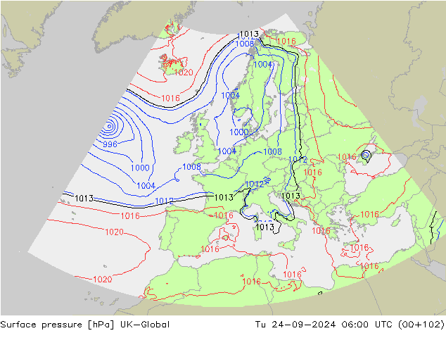 Surface pressure UK-Global Tu 24.09.2024 06 UTC