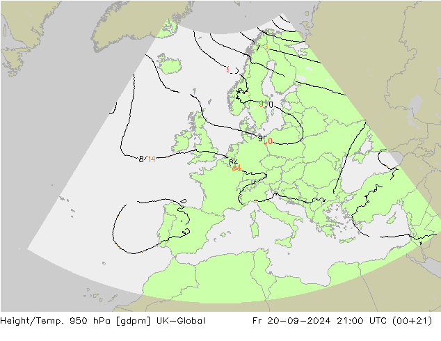 Height/Temp. 950 hPa UK-Global  20.09.2024 21 UTC