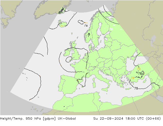 Yükseklik/Sıc. 950 hPa UK-Global Paz 22.09.2024 18 UTC