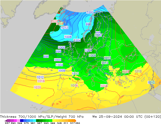 Thck 700-1000 hPa UK-Global We 25.09.2024 00 UTC