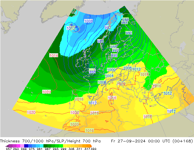 Schichtdicke 700-1000 hPa UK-Global Fr 27.09.2024 00 UTC