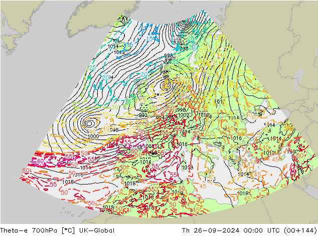 Theta-e 700hPa UK-Global Th 26.09.2024 00 UTC