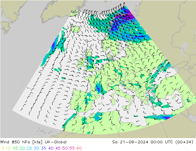 Vento 850 hPa UK-Global sab 21.09.2024 00 UTC