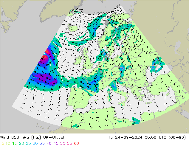 Wind 850 hPa UK-Global di 24.09.2024 00 UTC