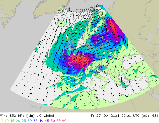 Wind 850 hPa UK-Global Fr 27.09.2024 00 UTC