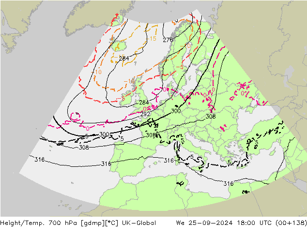 Yükseklik/Sıc. 700 hPa UK-Global Çar 25.09.2024 18 UTC