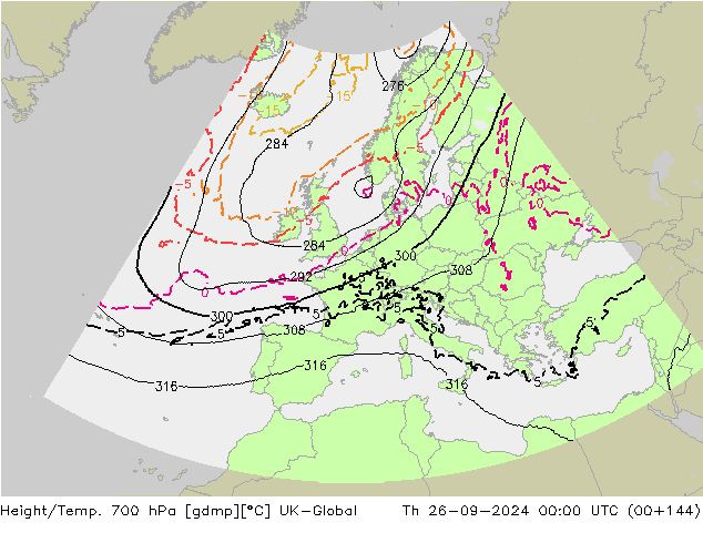 Height/Temp. 700 hPa UK-Global Čt 26.09.2024 00 UTC