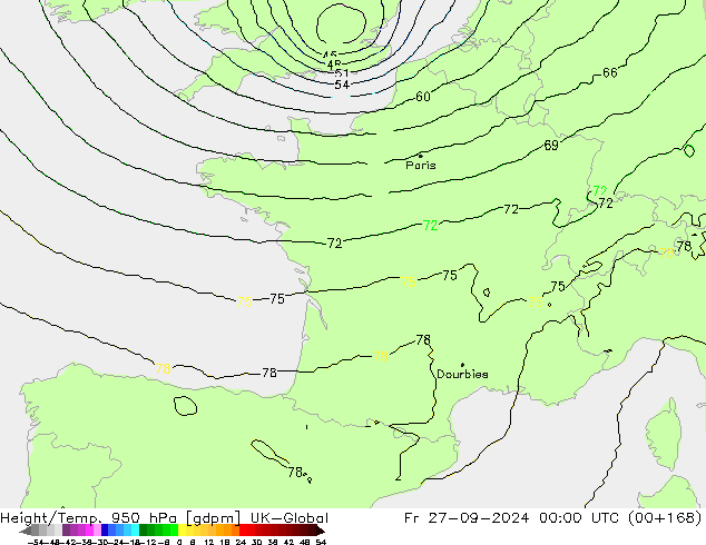 Height/Temp. 950 hPa UK-Global pt. 27.09.2024 00 UTC