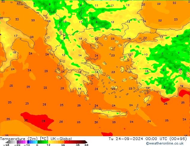 Temperaturkarte (2m) UK-Global Di 24.09.2024 00 UTC