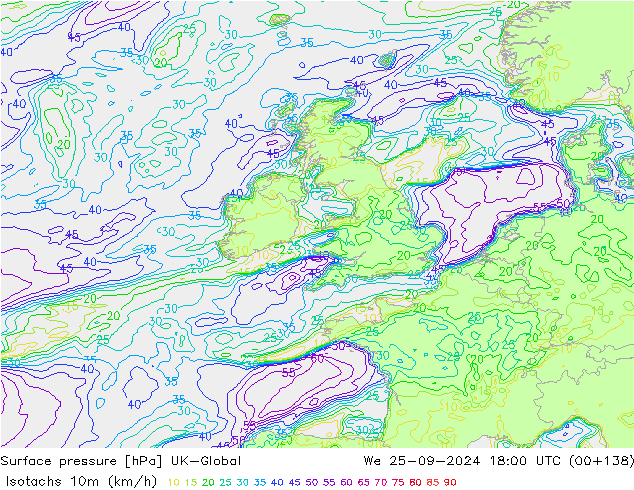 Isotachs (kph) UK-Global We 25.09.2024 18 UTC