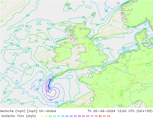 Isotachs (mph) UK-Global чт 26.09.2024 12 UTC