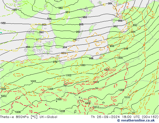 Theta-e 850hPa UK-Global Čt 26.09.2024 18 UTC