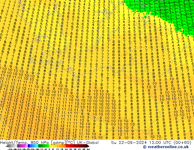 Hoogte/Temp. 850 hPa UK-Global zo 22.09.2024 12 UTC