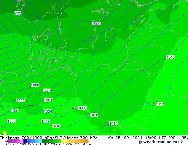 Thck 700-1000 hPa UK-Global We 25.09.2024 18 UTC