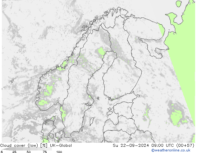 Cloud cover (low) UK-Global Su 22.09.2024 09 UTC