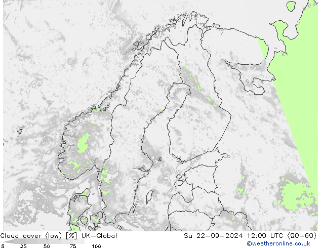 Cloud cover (low) UK-Global Su 22.09.2024 12 UTC