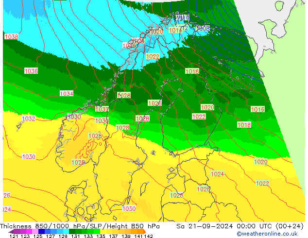 Dikte 850-1000 hPa UK-Global za 21.09.2024 00 UTC