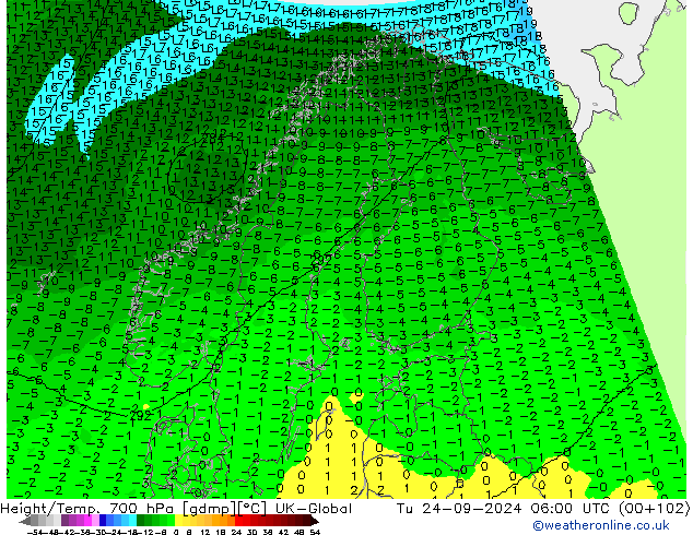 Height/Temp. 700 гПа UK-Global вт 24.09.2024 06 UTC