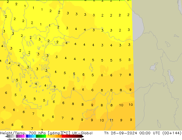 Height/Temp. 700 hPa UK-Global Th 26.09.2024 00 UTC