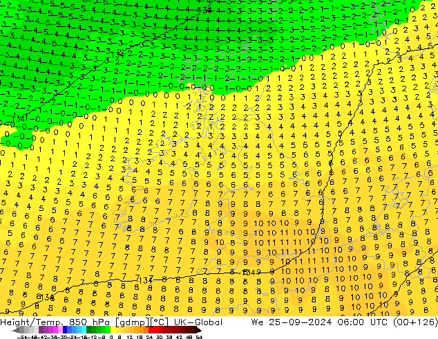 Height/Temp. 850 hPa UK-Global śro. 25.09.2024 06 UTC