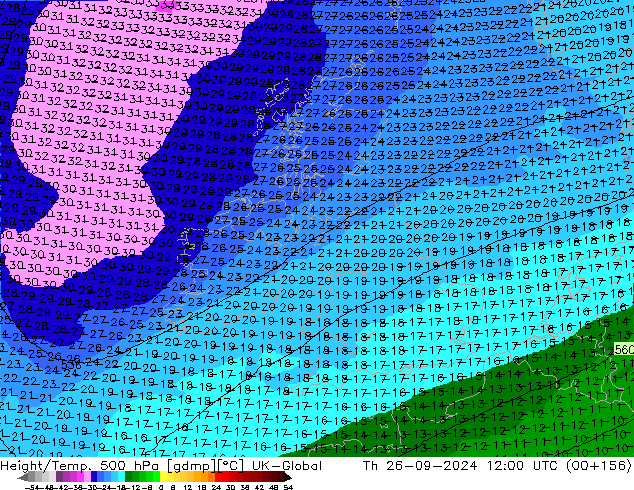 Height/Temp. 500 hPa UK-Global gio 26.09.2024 12 UTC