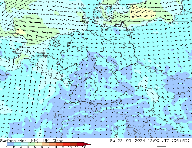 Surface wind (bft) UK-Global Su 22.09.2024 18 UTC